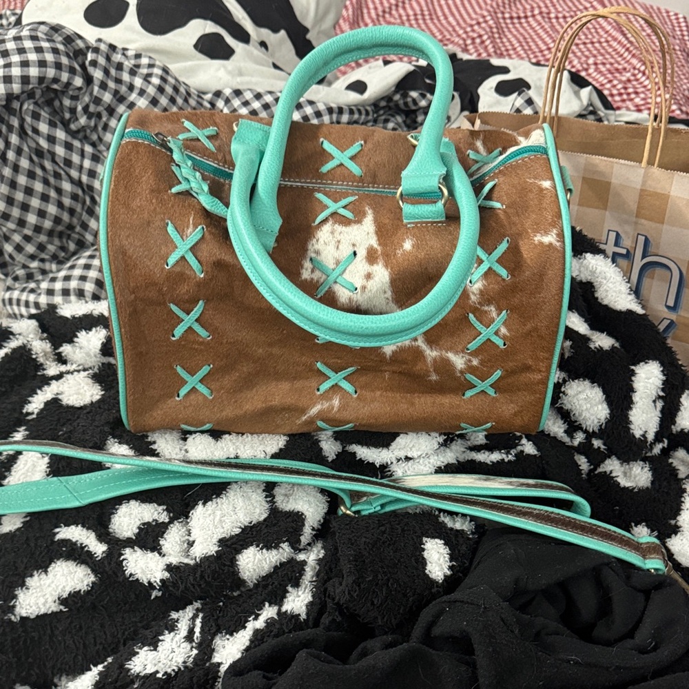 Cowhide and Mint Cross-Stitch Leatherette Crossbody Satchel